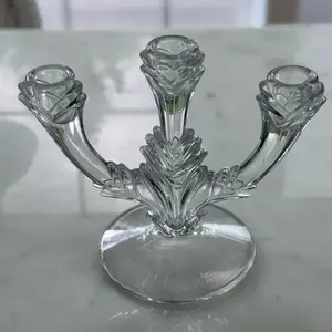 CRYSTAL CANDLEHOLDERS PAIR DUNCAN MILLER #14 GRANDEE TRIPLE LIGHT CANDELABRA