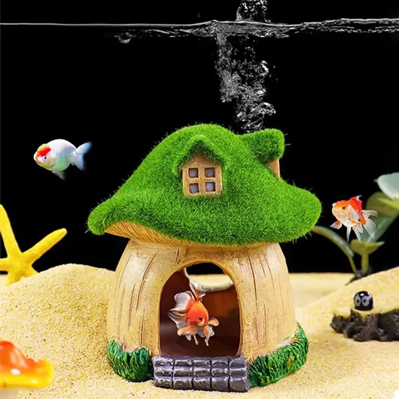 Aquarium Decorative Resin Fish Tank Ornament, Fish Tank Decorations, Aquarium Supplies, Whimsical Moss Mushroom Hideaway House, Cartoon Decoration Home for Fish Shrimp Lizards