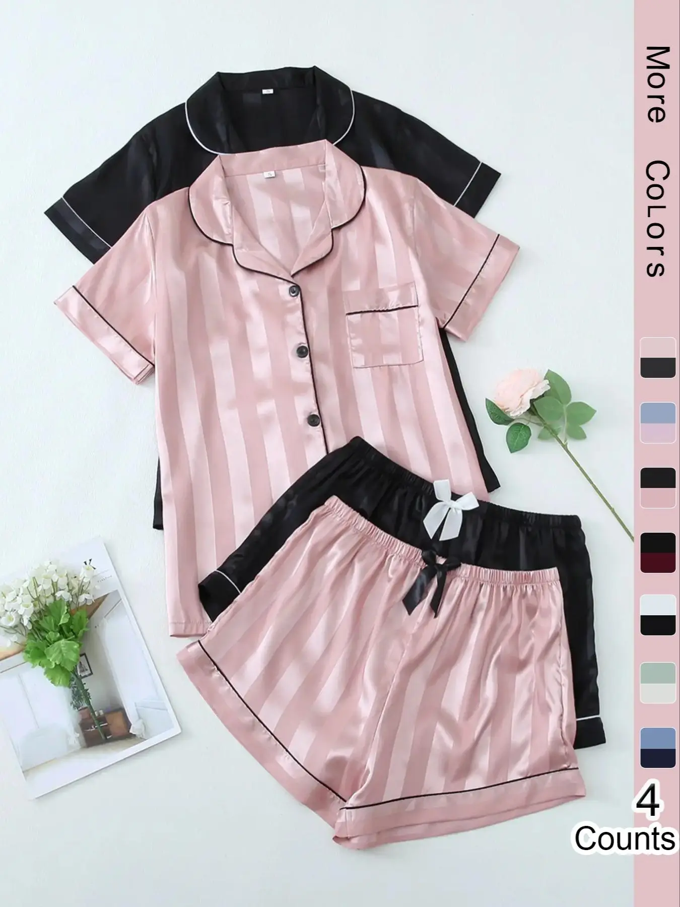 Women's Striped Jacquard Contrast Binding Satin Pyjama Set, Casual Pocket Button Lapel Shirt & Bow Decor PJ Shorts, Ladies Sleepwear for All Seasons,