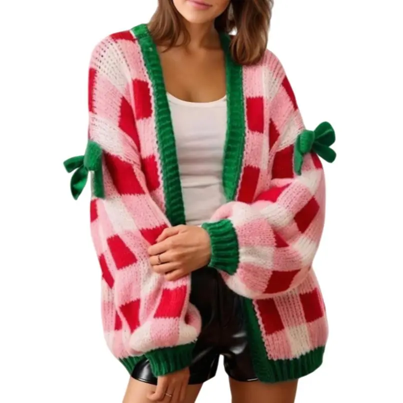 Asvivid Women's Elegant Plaid Knit Cardigan with Bow Knot Decor, Long Sleeve Open Front Festive Christmas Knitwear, Elegance