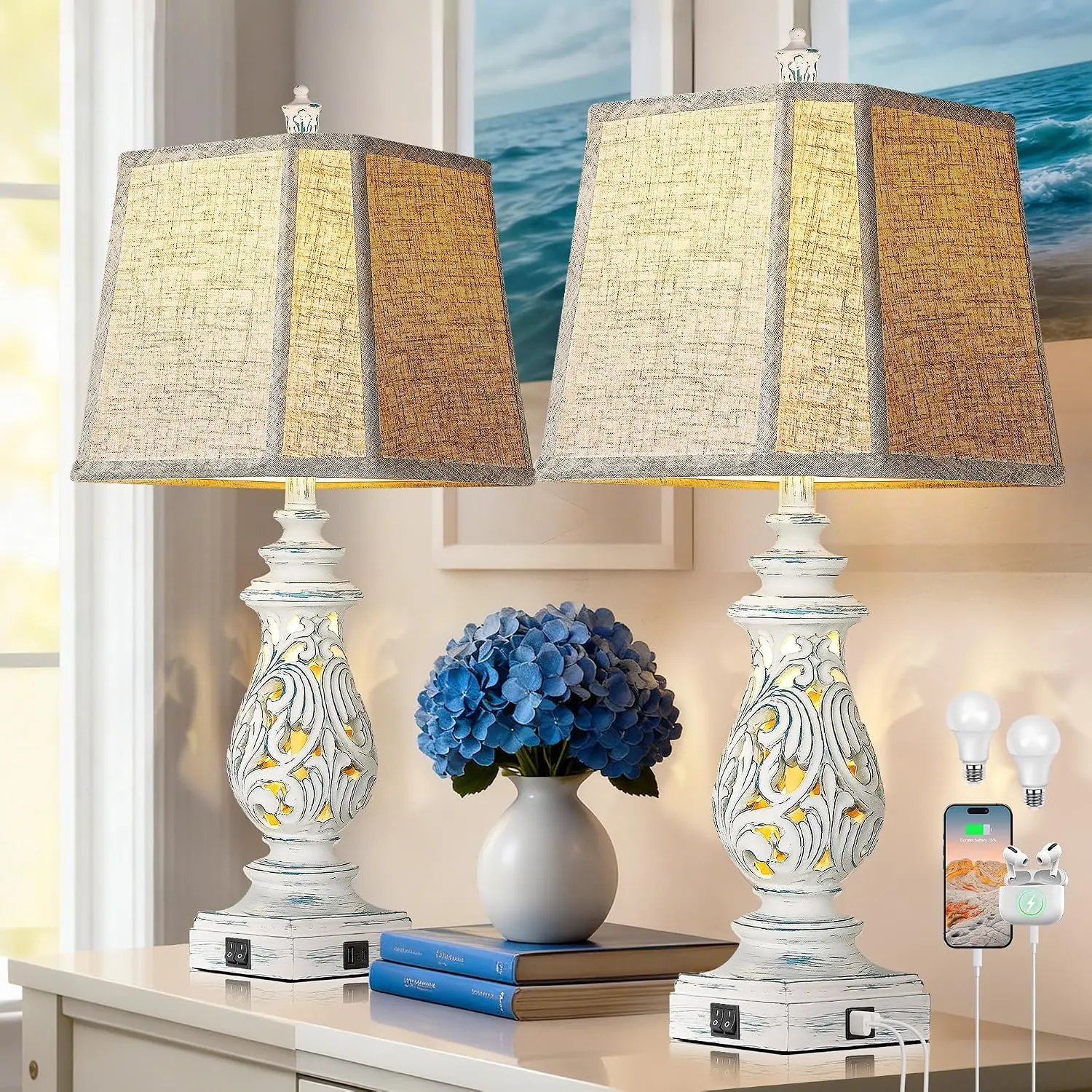 29" Table Lamps Set of 2, Bedside Lamps with USB A+C Ports & Night Light, Farmhouse Nightstand Lamps with Linen Fabric Shades for Bedroom Living Room, Washed Blue (LED Bulbs Included)