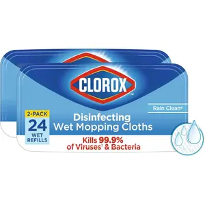Clorox Disinfecting Wet Mop Pad, Disposable Mop Heads, Multi-Surface Floor Wipes, Rain Clean, 2 Packs, 24 Wet Refills Per Pack (Package May Vary)