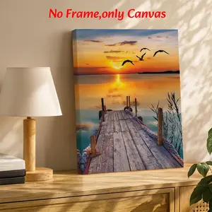 Nature Wall Art, Lake Pier Sunset Seagull Poster, Serene Landscape Photography Art Printing, Orange and Blue Canvas Decoration, Living Room & Bedroom Aesthetic, Perfect Housewarming Gift, Unframed