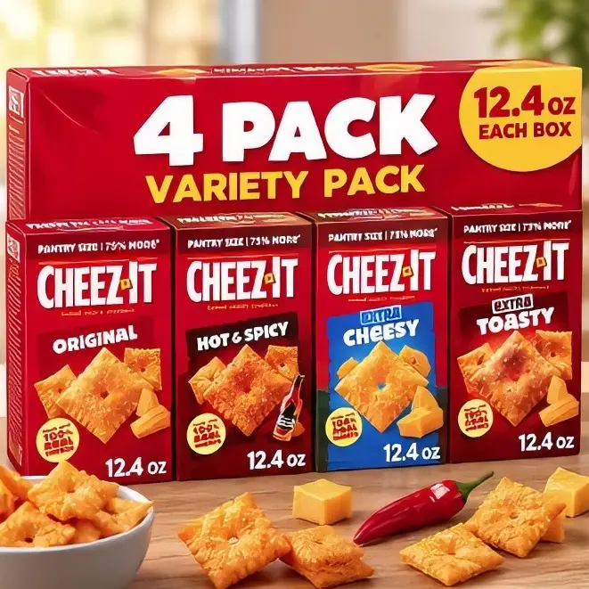 Cheez-It Baked Cheese Crackers Variety Pack 4 Flavors 4 Boxes 12.4 oz Each Original Hot Spicy Extra Cheesy Extra Toasty Crispy Crunchy SnackCheez-It Baked Cheese Crackers Variety Pack, 4 Flavors, Original, Hot & Spicy, Extra Cheesy & Extra Toasty, 12.4 oz
