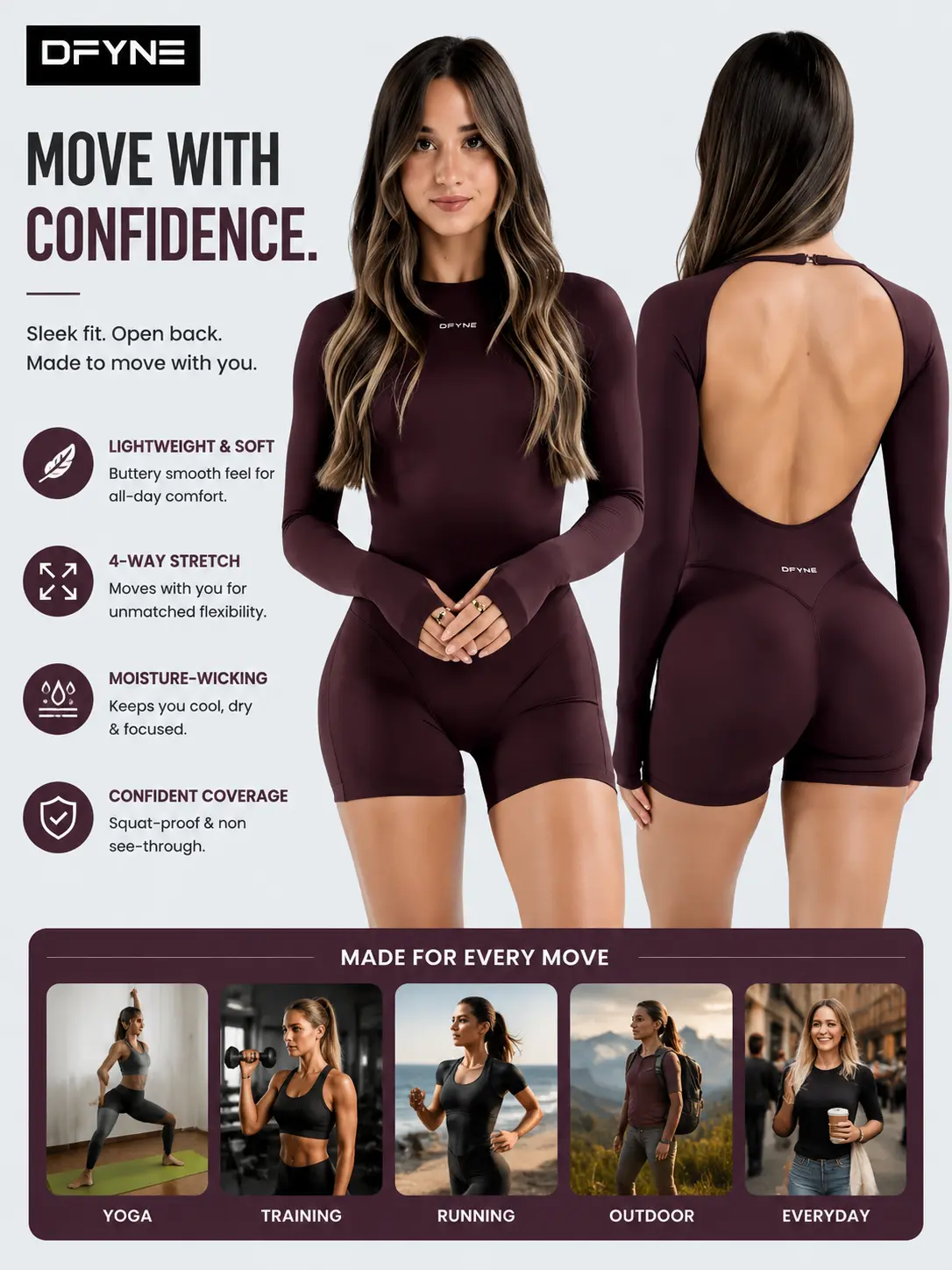 DFYNE Women's Seamless Long Sleeve 1-Piece Jumpsuit - Sculpting, Hip-Lifting, Smooth, Lightweight Athletic Truffle Activewear for Workouts