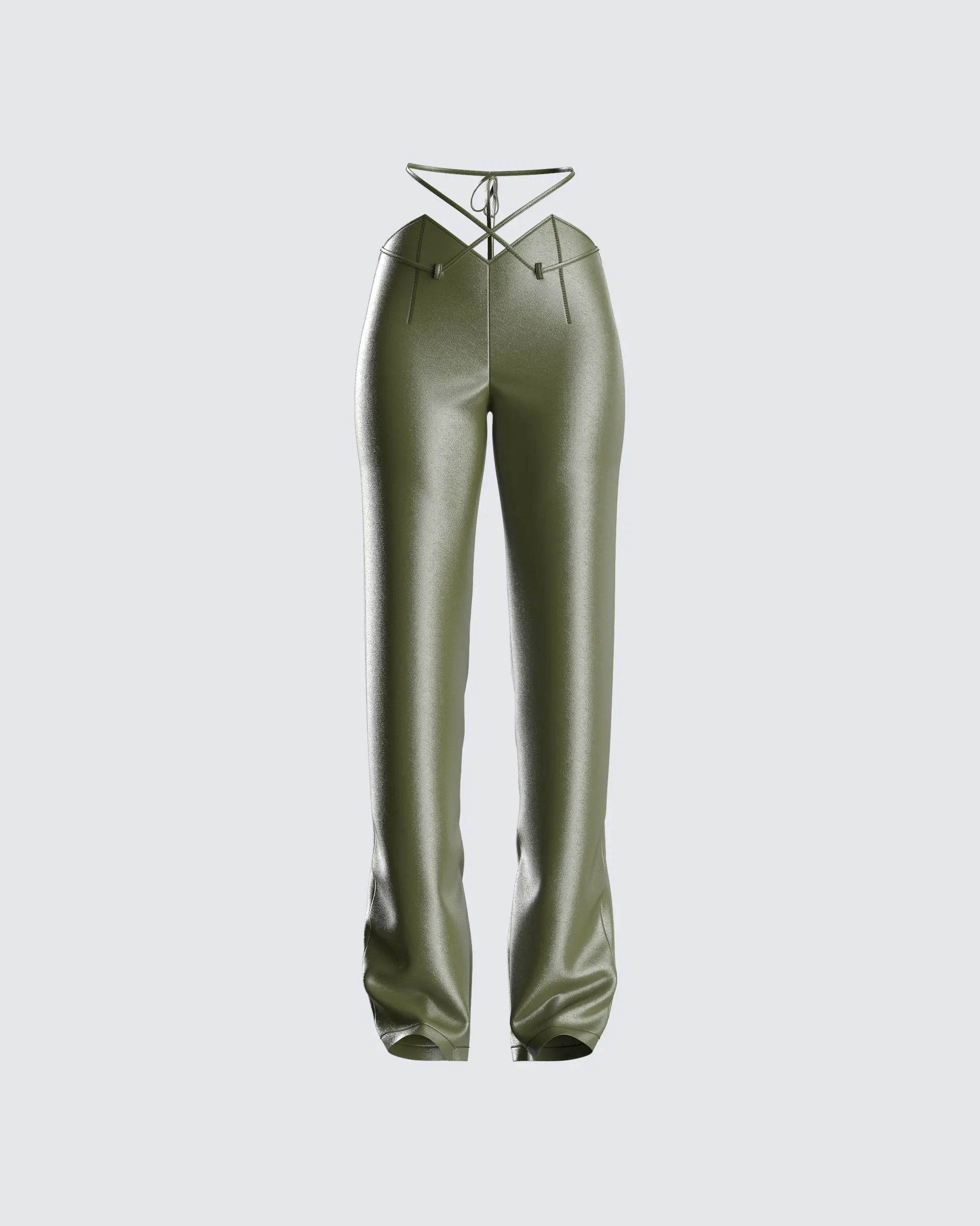 Chic Vegan Leather Pants for Women, High-Waisted with Crisscross Straps and Waist Cutouts, Olive Straight-Leg Clothes
