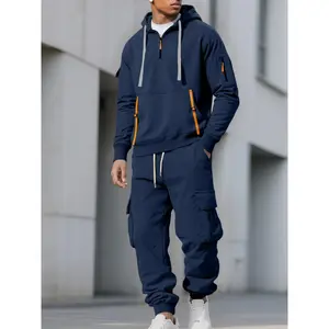 2026Men'S Winter Tech Fleece Hoodie And Sweatpants Set, Multi-Pocket Zipper Drawstring, Comfortable Casual Wear, Unisex Fashion Warm Clothing..