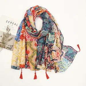Boho Scarf for Women Lightweight Floral Printed Scarf Fall Winter Fashion Fringed Shawl