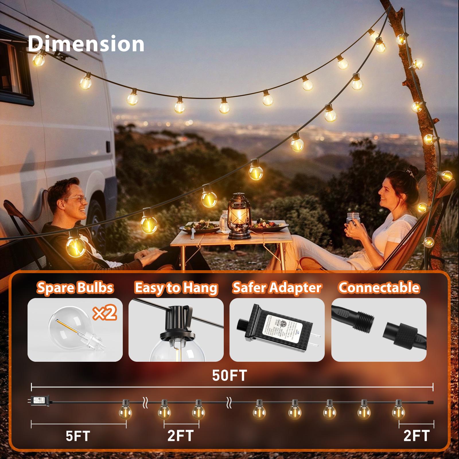 Outdoor String Lights Patio Lights, Shatterproof G40 Vintage Edison Bulbs, Outside Hanging Light Waterproof for Porch, Deck, Garden, Dimmable 2700K, for Yard Camping Gazebo Porch Balcony, Home Decor, Halloween Decorations, Christmas Decor