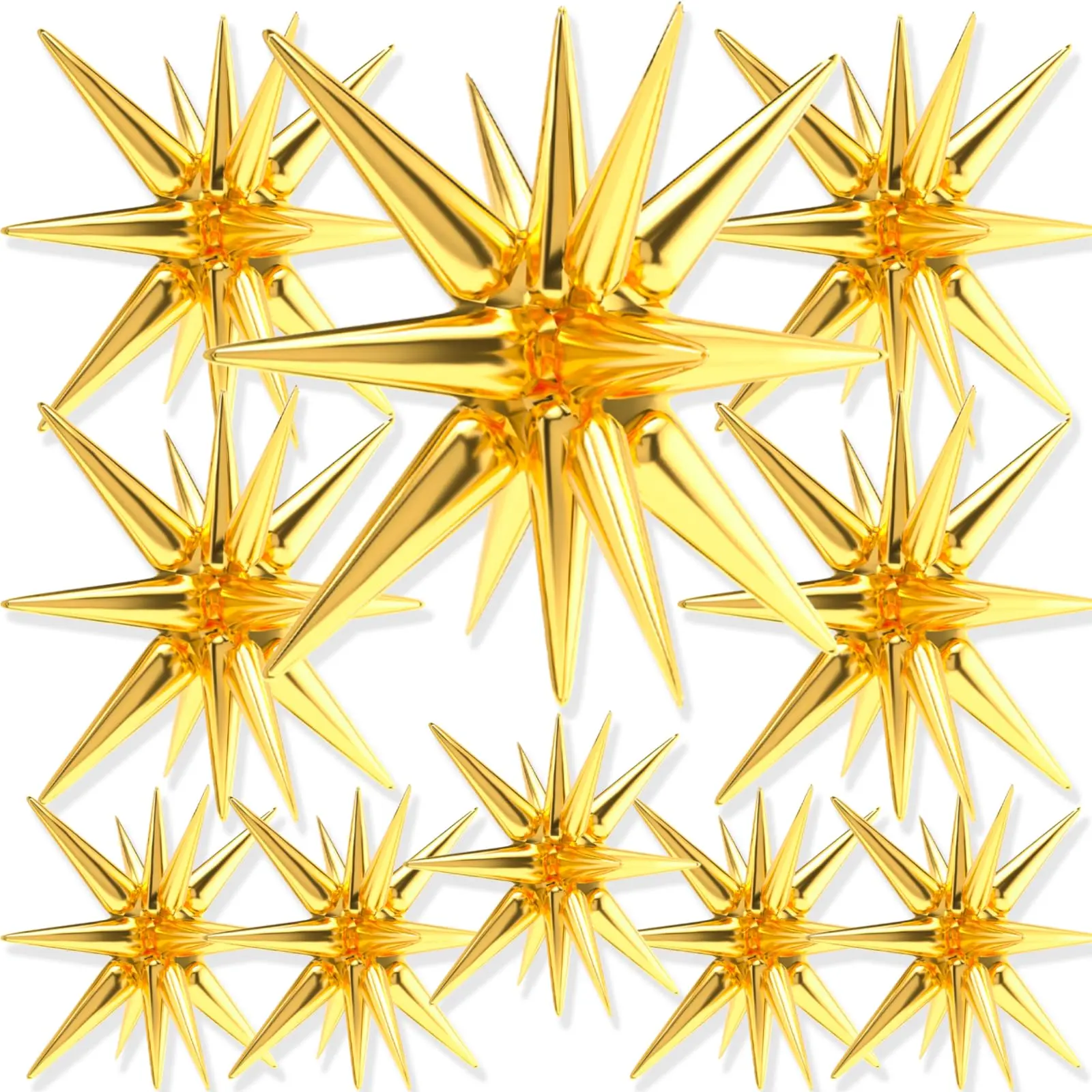 PartyWoo Metallic Gold Aluminium Round Star Foil Balloon Set - 10pcs Assorted Sizes (42in,27in,22in) Explosion Spike Decor for Birthday Theme, Graduation, Wedding, Birthday Theme Balloons, Decorative Balloons Balloons