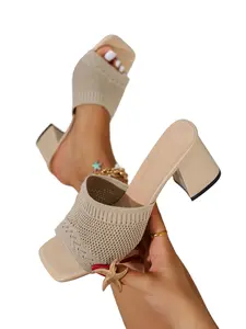 Summer Breathable Knit High Heel Sandals, Fashion Chunky Sole Square Toe Mules, Commute & Date Wear, Textile Upper, Rubber Sole, Breathable Platform Sandals