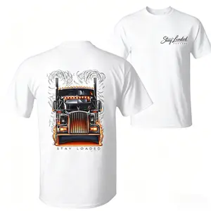 Men's Stay Loaded Front View 18-Wheeler Graphic T-Shirt - Black Short-Sleeve Apparel with Bright LED Lights Print, Unisex Trucker Classic Casual Top