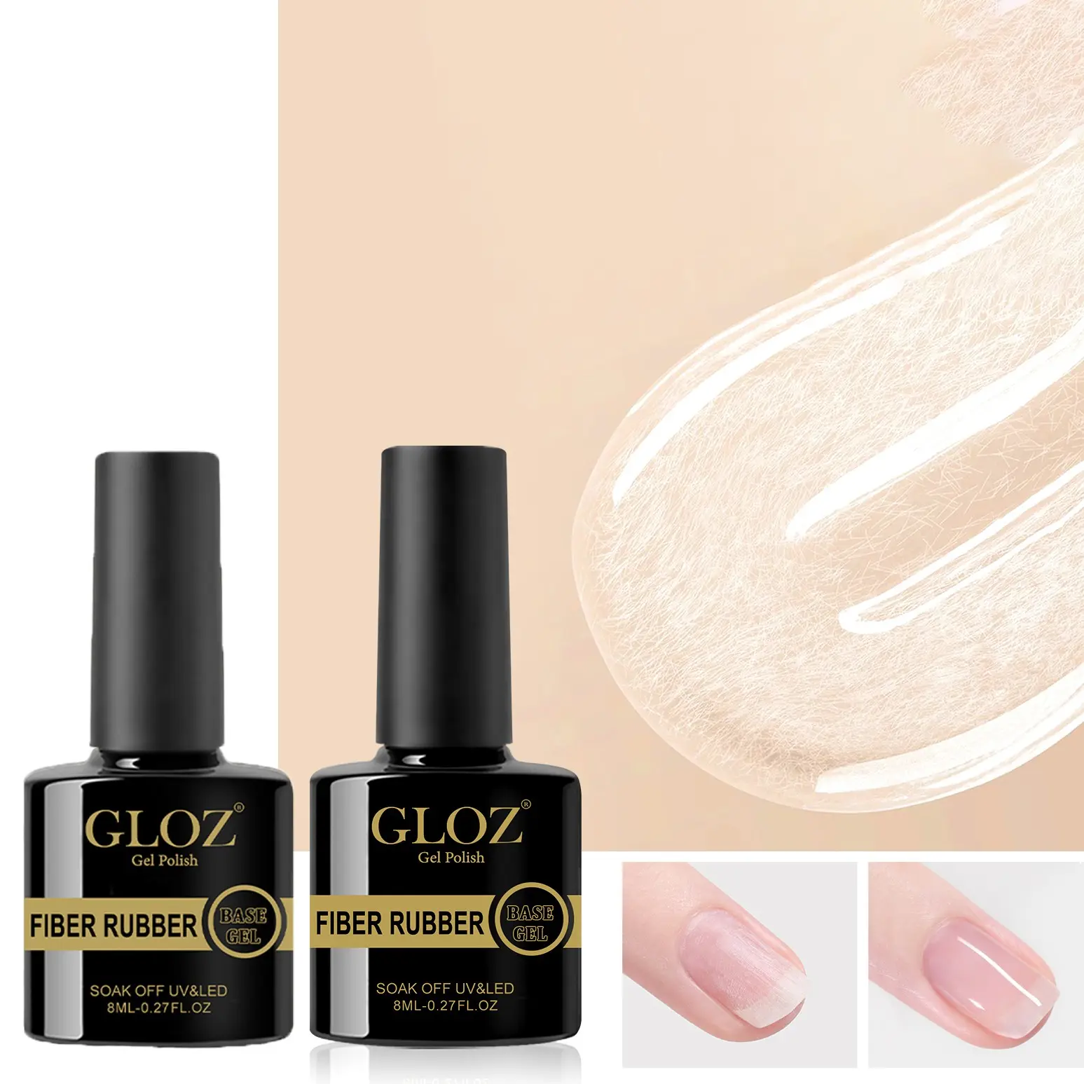 GLOZ 2Pcs 8ml Fiber Rubber Base Gel, Soak Off UV LED Nail Gel, Transparent Building Gel for Nail Repair & Strengthener, Long Lasting Nail Thickening & Extension Gel for Salon & Home DIY Nail Art