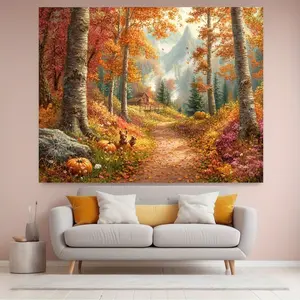 1pc a Lively Autumn Forest Backdrop Banner Made of High-Quality Polyester, Featuring Colorful Trees, Pumpkins, And a Cabin Scene. Ideal for Themed Parties, Photo Booths, And Seasonal Decorations