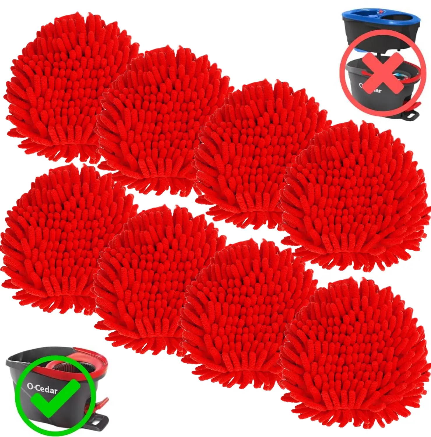 8 Pack Mop Replace Head for O Cedar, Mop Heads Replacements for Ocedar, Chenille Duster for O-Cedar Easywring 1-Tank Spin Mops, Reusable Red Chenille Dust Mop Pads for Dry Wet Use