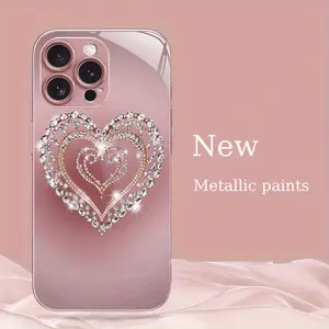 Waterproof TPU iPhone Case with Heart Design and Art Diamond Pattern for iPhone 17 16 15 14 13 Series Hyperrealism Metal Paint Tempered Glass Cover Smartphone Protective