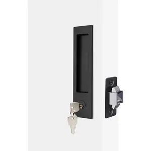 Pocket Door Handle, Modern Rectangular Keyed Entry Pull Latch, Recessed Sliding Door Hardware for 1 3/8” to 2 3/16” Thickness, Keyed Entry Lock for Bed/Bath, Matte Black, 1 Pack