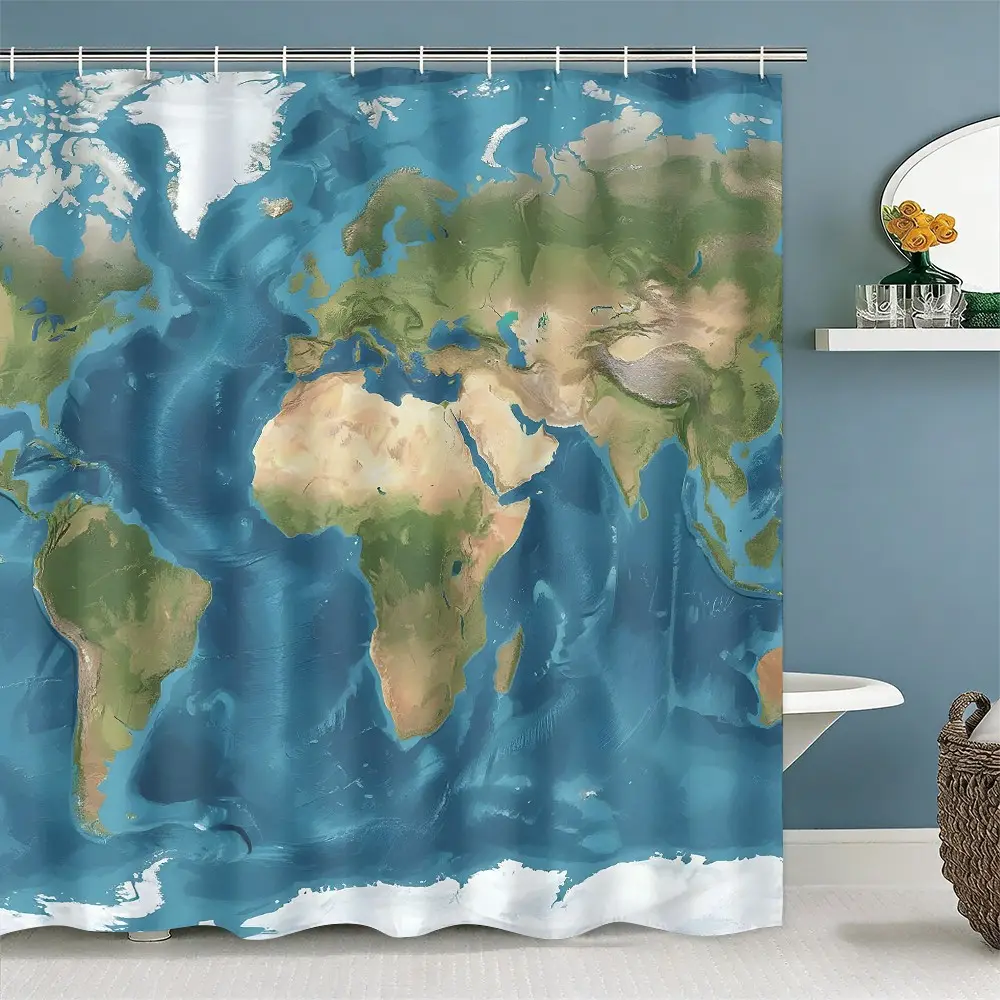 World Map Print Shower Curtain Set, Boho Style, Includes U-Shaped Bath Mat & Toilet Lid, Elegant Bathroom Decor, Halloween Christmas Thanksgiving Patterns