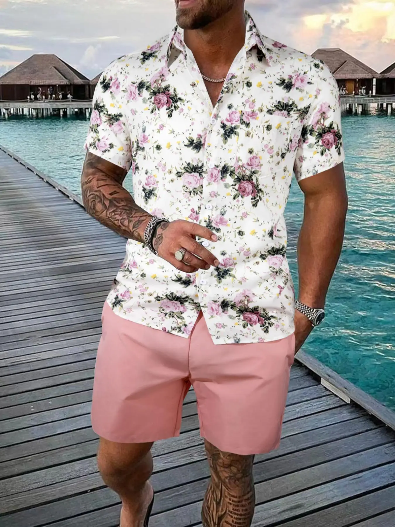 2 Counts Men's Floral Print Button Front Shirt & Drawstring Waist Shorts Set, Boho Casual Top & Shorts, 2 Pieces Outfits for Summer Beach Vacation, Me