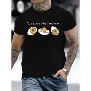 Retro Thanksgiving Dinner T-Shirt, "You Know Why I'm Here" Deviled Egg Funny Print Tee, Casual Vintage Short Sleeve Top for Holiday Parties