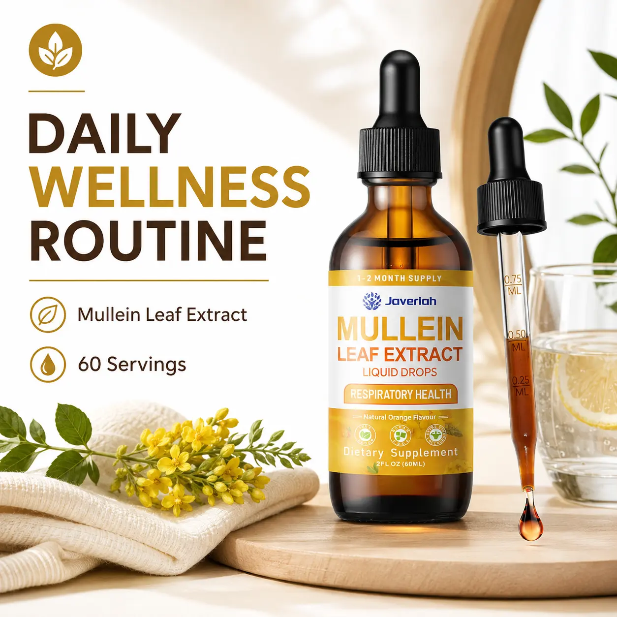 Javeriah Mullein Leaf Extract Drops for Adults' Daily Wellness, Plant-Based Liquid Herbal Tincture Supplement with Botanical Formula, Easy-Dropper Bottle, 2 Fl Oz, 60 Servings, Nature