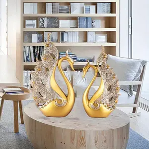 2 Elegant Swan Couple Statues-Perfect Mother's Day Or Wedding Gift! Gold Finish, Perfect for Home Decoration in Living Room, Wine Cabinet Or Study Ornaments