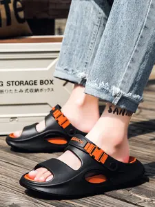 Men's Thick Chunky Cushioned Sole Slides, Grey & Navy Blue, Adjustable Buckle Strap, Side Cutout Breathable Holes, Lightweight EVA, Comfortable Shoes for All-Day Wear