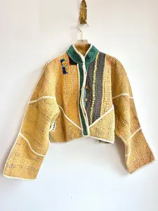 Reversible Kaira Quilted Cropped Jacket in Colors Wheat, Jade Green, Black & Wheat, Red, Orange, Gold