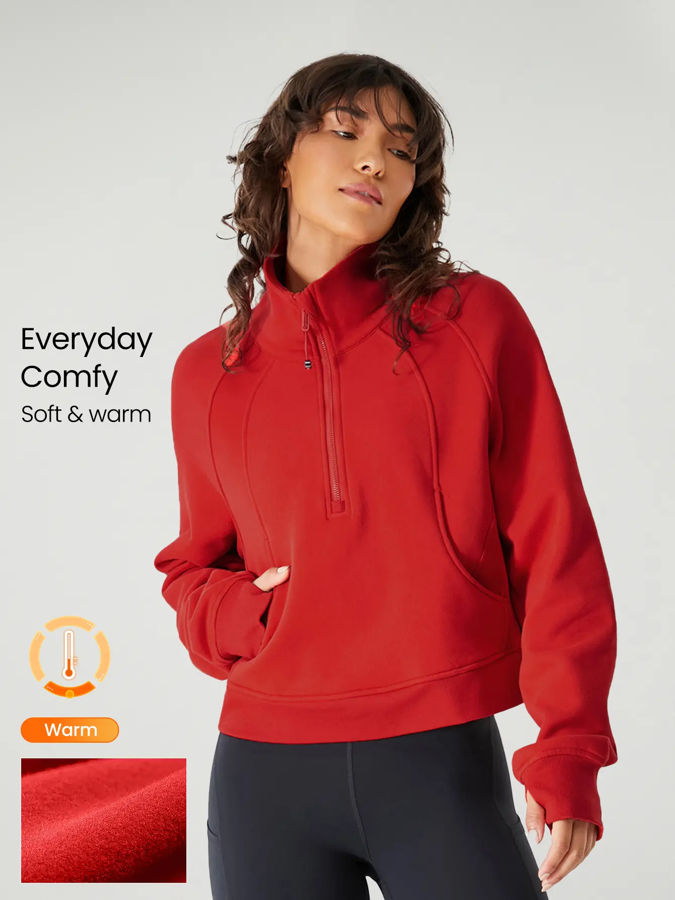 GLOWMODE Everyday Fleece Oversized Half-Zip Closure Red Sweatshirt With Thumbholes And Kangaroo Pocket Daily Casual Fall Winter