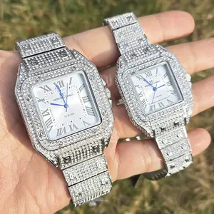 MaxBling81 Silver Plated Luxury Iced Square CZ Metal Band Dress Bling Couple Watch Set Gift Fashion Wristwatch Stainless Steel Back Quartz Japan