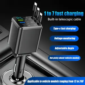 7 in 1 Retractable Car Charger Fast Charging with 3 Telescopic Cables 4 Ports Type C PD Voltage Display Adjustable Angle 12V 24V Universal Car Power Adapter for iPhone Samsung Android Tablet GPS Dash Cam Multi Device Charging Car Accessories Road Trip