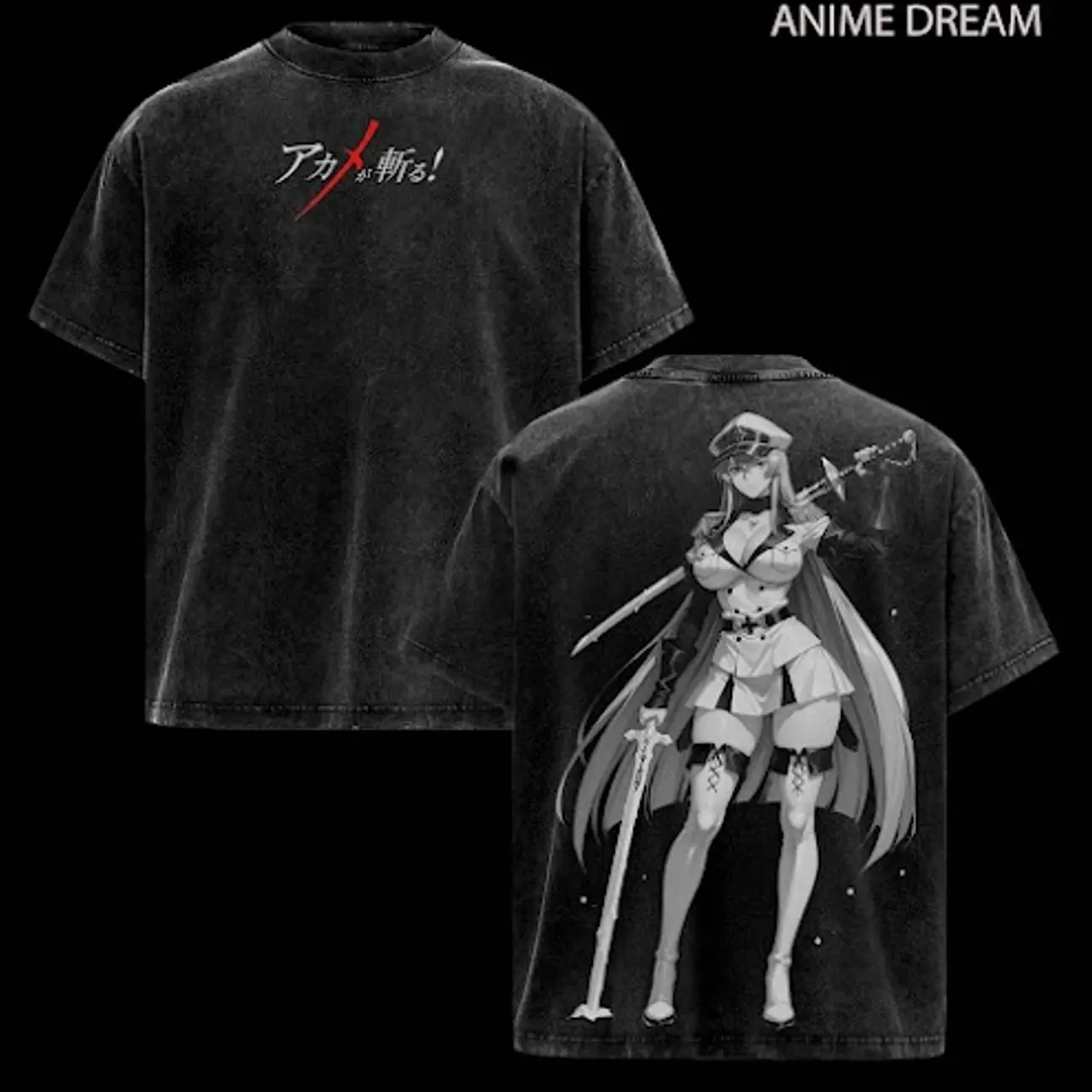 Esdeath Akame ga Kill! Anime Double Printed Vintage Washed Tee Unisex Oversize Anime Manga Washed Heavyweight Cotton T-shirt 3P2