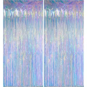 2PCS 1X2M Iridescent Clear Tinsel Curtain Backdrop Extra Long Rainbow Foil Fringe Curtain with Extra Tape Shimmer Party Decoration for Ocean Unicorn Birthday Photo Booth