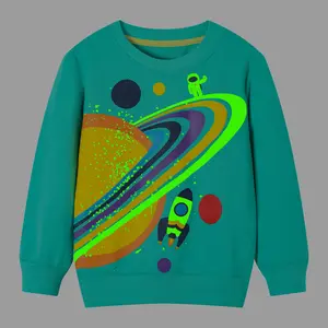 HILEELANG Little Boy Sweatshirts Halloween Green Planet Graphic Glow in the Dark Crewneck Long Sleeve Pullover Cotton Top Sweater Shirts 4-7Years