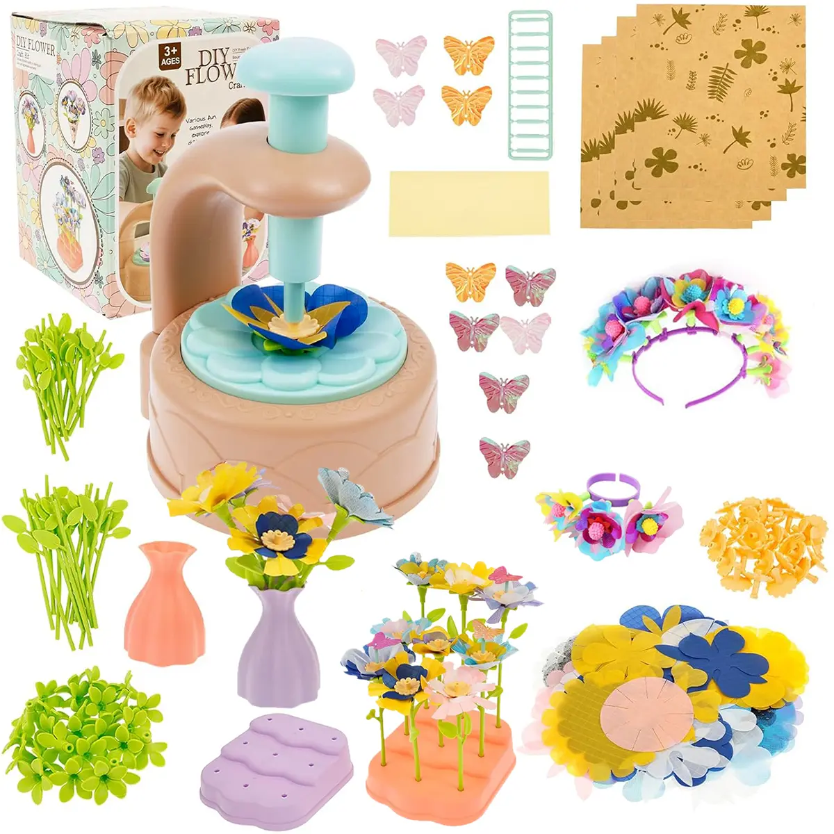 DIY Flower Craft Kit for Kids 3+ – Fabric Flower Making Set with Press Machine, 110+ Petals, Vases, and Accessories, Creative Art Toy Gift