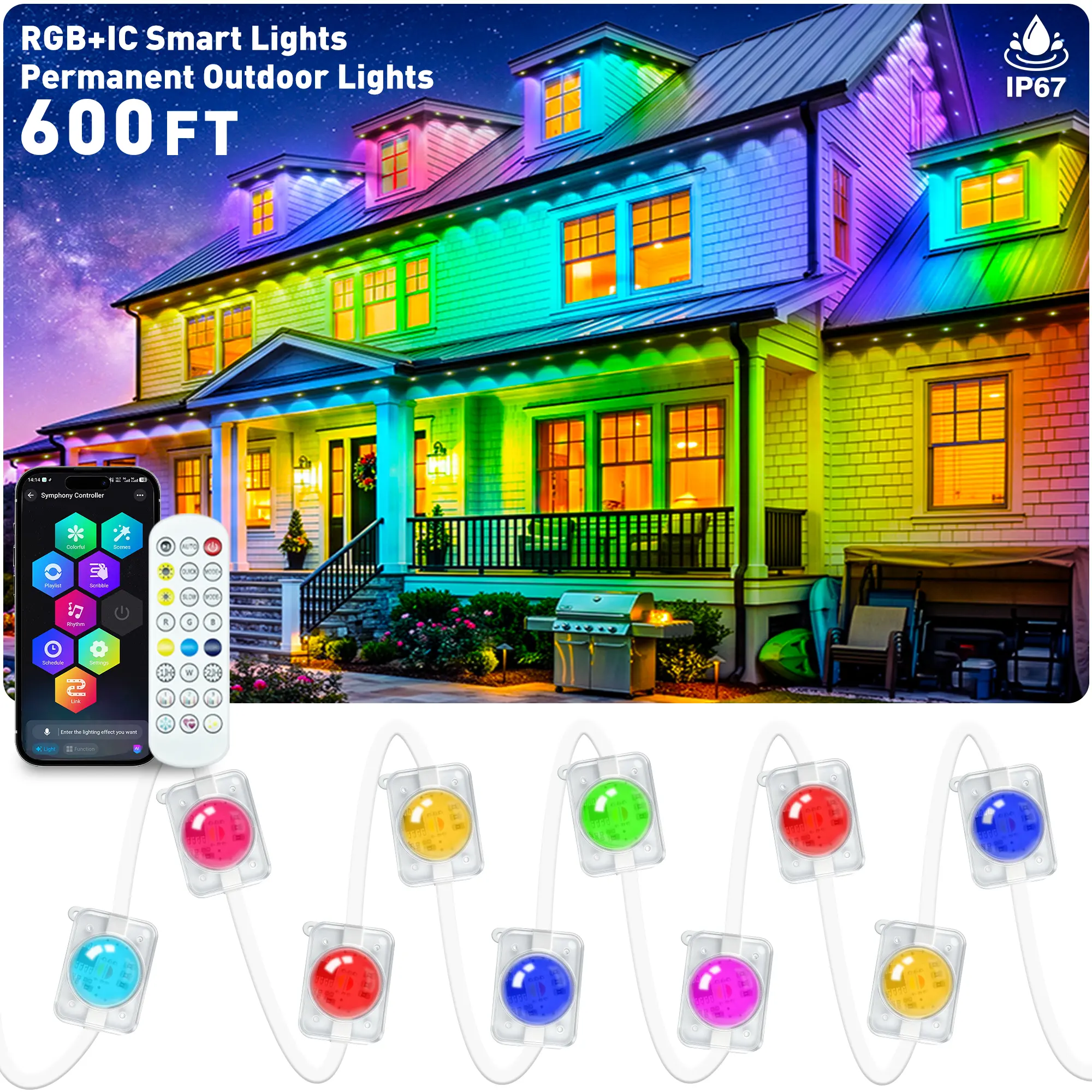 AHRLHR IP67 Waterproof RGB IC Permanent Outdoor LED Light Strip - DIY, App & Remote Control, Adjustable Lighting, Color Changing Multicolor String Lights, Modern RGB Holiday Lighting for Patio, Party Gifts