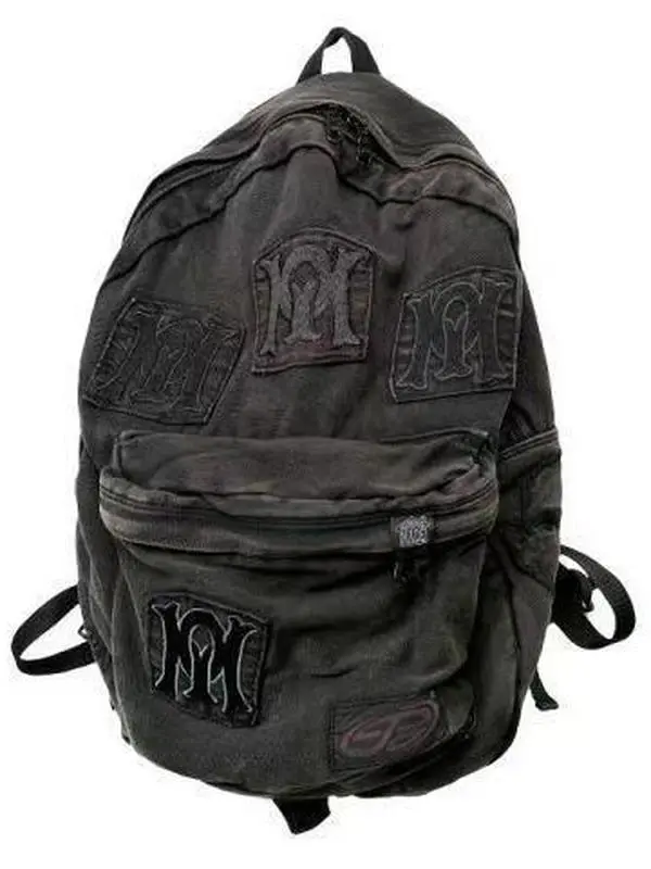 MPQ Unisex Washed Look Backpack with Embroidered Heavy Patches, Distressed Design Functional Bag, Daily Use