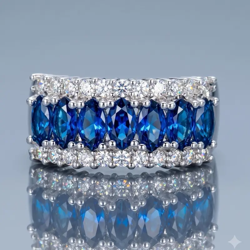 Saphir Ring | Natural Royal Blue Sapphire & White Sapphire | 10KT White Gold