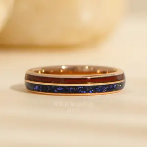 Rose Gold Redwood Sapphire Ring, Blue Lab Sapphire and Sequoia Inlays - 4MM