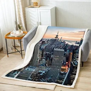 New York Sherpa Blanket,New York City Manhattan Skyline Cityscape Fleece Throw Blanket,Contemporary Artistic Sunset Landscape Fuzzy Blanket,30x40 Inch