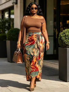 Plus Size Women's Oil Painting Print Asymmetrical Skirt Set, Casual Loose-Fit Short Sleeve Top + Half Skirt, Perfect for Art Shows & Parties