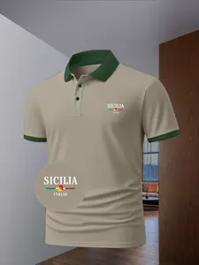 Men's Sicilia Italia Polo Shirt, Vintage Geometric Print Short Sleeve Top, Casual Slim-Fitting Italian Style Clothing