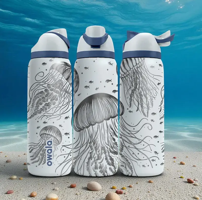 Owala FreeSip 32oz Jellyfish Engraved Water Bottle | Ocean Sea Life Design | Stainless Steel Vacuum Insulated Travel Bottle with Straw Lid