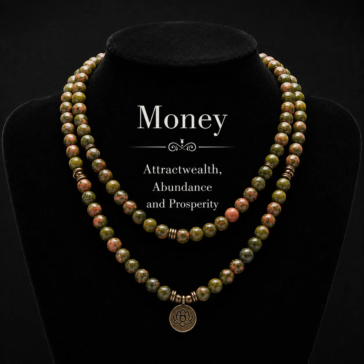 Unakite 108 Mala Beads Necklace, Handcrafted Genuine Stones Wrap Bracelet with Lotus Charm for Meditation, Mindfulness, and Ramadan Wear, Long Length Necklaces, Crystal, Beading, Daily, 108 Beads For Meditation, 41.3 In, Elastic Stacked Bracelet, Elegant,