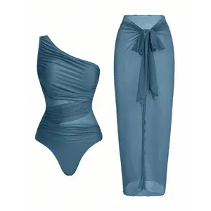 Women's One Shoulder Ruched Swimsuit with Sheer Sarong Skirt High Waist Two Piece Bikini Set for Womenswear - Jumpsuits