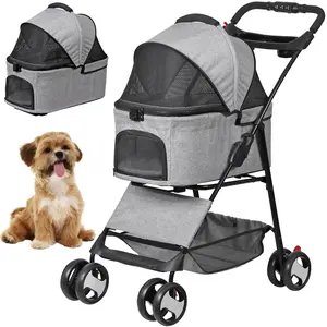 Pet Republic 4 Wheels 3-in-1 Foldable Pet Dog Stroller W/Detachable Carrier for Small Dog Cat W/Storage Basket & Cup Holder, Gray