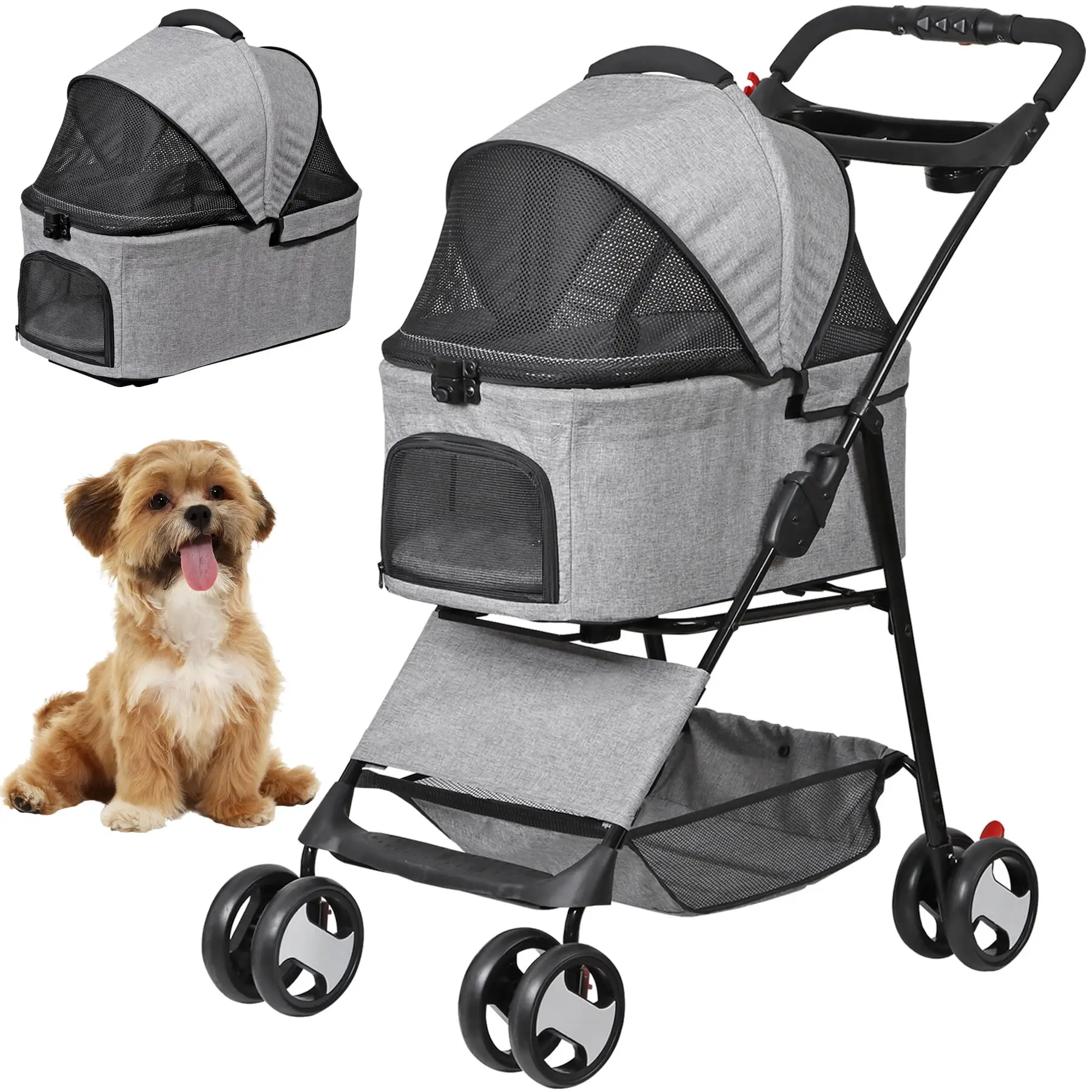 Pet Republic 4 Wheels 3-in-1 Foldable Pet Dog Stroller W/Detachable Carrier for Small Dog Cat W/Storage Basket & Cup Holder, Gray