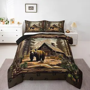 Retro Bear Comforter Set,Lodge Cabin Country Bedding Sets, Rustic Farmhouse Hunting Animal Down Comforter,Kids Adults Men,Woodland Wildlife Quilt