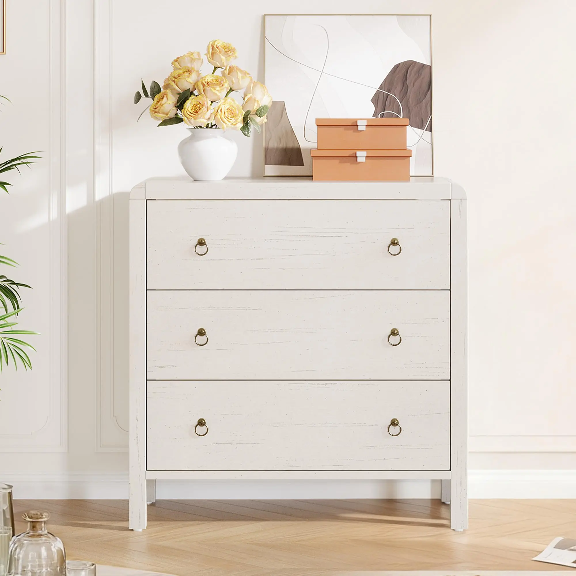 White 3-Drawer Dresser with Handles - Modern Storage Cabinet, Compact Midsize Easy Assembly Indoor Furniture Cupboard for Bedroom, Baby Nursery Clothes Organization, Compact Midsize Cabinets
