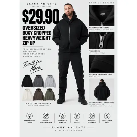 14 OZ Oversized Boxy Cropped Heavyweight Full-Zip Sweatshirt
